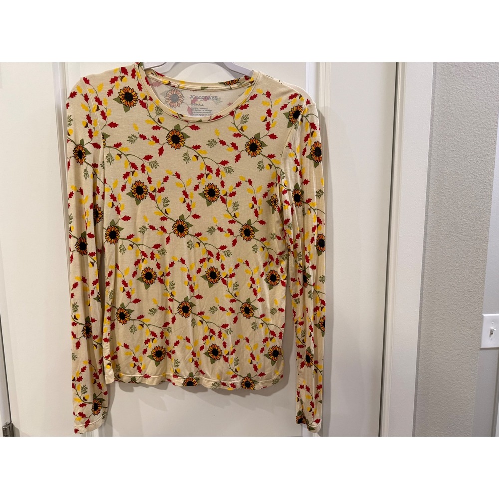 Jollidays Womens XS Long Sleeve Sunflower Autumn Leaf Print Crew‎ Neck Top Cream